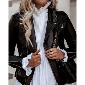 Understated Slick Leather & Suede Moto Biker Jacket Black Size XS